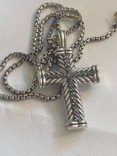 Pre owned David Yurman  100% Authentic Chevron Cross  Guarantee  925 SS  silver  PavA Black Diamonds  .50ct Total  20 inch chain Formal Cross Pendant Necklace With Box Chain, Elegant Cross Chain Necklace With Silver Chain, Elegant Silver Chain Necklace With Cross Pendant, Elegant Sterling Silver Cross Chain Necklace, Luxury Formal Jewelry With Wheat Chain, Formal Cross Pendant Necklace With Chain, Luxury Wheat Chain Jewelry For Formal Occasions, Formal Cross Pendant Chain Necklace, Luxury Cross Necklaces For Formal Occasions