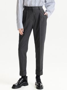 Soft and structured, these minimalistic pants are accentuated with pintucked detail through front, and have tapered hem for stylish mood.  - Natural, straight silhouette- Cozy wool blend fabric- Classic hook and eye closure- Voluminous rolled-up hem- Versatile styling with various items Hook And Eye, Straight Pants, Roll Up, Wool Blend, Rolls, Trousers, Wool, Clothes For Women, Grey