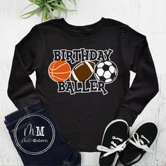 The perfect shirt for the coolest birthday baller, complete with your age and name on the back for a traditional jersey look. Check our shop for the family shirt set so everyone can match on the big day. Youth Shirt Details: - 4.5oz 100% combed ringspun cotton - Soft feel material in black - Design includes the birthday baller with basketball, football, and soccer ball - Design colors are shown (if you want to make changes, reach out to us!) - On back is your child's name and age - True to size Sporty T-shirt With Team Name For Birthday, Sports Tops With Team Name For Father's Day, Sporty Black T-shirt For Father's Day, Black Sporty T-shirt For Father's Day, Customizable Team Spirit Tops For Birthday, Black Team Spirit Tops For Birthday, Black Team Spirit T-shirt For Birthday, Casual Birthday T-shirt With Team Name, Casual T-shirt With Team Name For Birthday