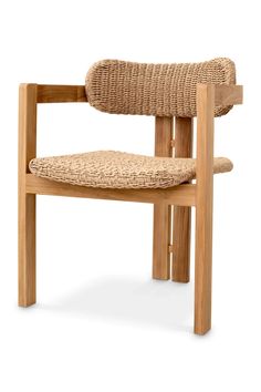 a wooden chair with a woven seat pad on it's back and armrests