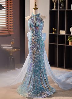 Blue Sequin Prom Dress, Sequins Prom Dress, Prom Dress With Train, Long Party Dress, Blue Prom Dress, Sequin Halter, Marine Uniform, Mermaid Sequin, Sequin Prom Dress