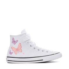 You know the vibes. It's always the season for Chuck Taylor sneakers. These Butterfly Converse Chuck Taylor All Star kids' high tops get a nice seasonal upgrade for Summer, making these your perfect go-to sneakers for warm, sunny days. Wear all year round for the cutest addition to your style. High-top shoe with embroidery. Soft foam underfoot cushioning for comfortable play. Metal eyelets for breathability. Classic Chuck ankle patch for a vintage vibe. Elastic laces with a hook-and-loop closure Cute White High-top Sneakers For Spring, Converse High-top Sneakers For Spring, Spring Converse High-top Sneakers, White Converse High-top Sneakers For Spring, Butterfly Converse, Star Kids, High Top Shoe, Butterfly Kids, Wide Width Shoes