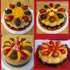 four different pictures of a cake decorated with fruit