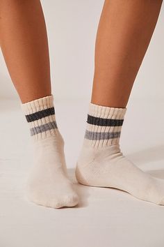 Simply sporty with true vintage flair, these American-made cotton quarter crew socks are the ultimate essential. **Fit:** Quarter crew length **Features:** Soft cotton blend, ribbed texture, seamed toe and heel, striped details **Why We | Retro Shortie Crew Socks by American Trench at Free People in Grey Quarter Socks Outfit, Vintage Socks, Sock Outfits, Striped Socks, Ribbed Texture, Sock Shop, Navy Gold, American Made, True Vintage