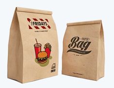 a paper bag with an image of a hamburger and fries on it, next to the packaging