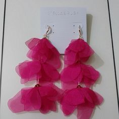 Beautiful Chiffon Petals Earrings, Fuschia Color Flower-shaped Earrings For Summer Parties, Flower Shaped Summer Party Earrings, Chic Dangle Flower Earrings For Party, Chic Party Dangle Flower Earrings, Summer Flower Earrings For Party, Drop Earrings For Spring Party, Spring Party Drop Earrings, Summer Party Flower Earrings, Feminine Summer Dangle Flower Earrings