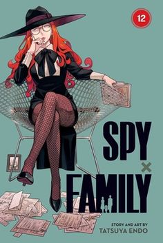 a woman sitting on top of a chair next to stacks of papers with the words spy family