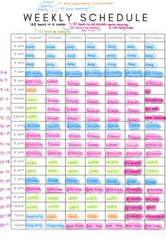 the weekly schedule is shown in pink, blue and green with colorful writing on it