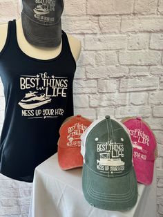 The Best Things in Life Mess Up Your Hair Various Sports: Weight Lifting, Wrestling, Biking, Basketball, Swim, Karate- your passion, your choice! Women's Baseball Cap Hand Wash Only Adjustable hat: the strap at the back allows to adjustable to fit most sizes, classic design.  Wide application: distressed, trucker hat is good for outdoor activities like walking, cycling, golfing, also great for attending sporting events, beach, pool or lake, and other outdoor events Convenient design: adjustable baseball cap Women Trucker, Best Things In Life, Womens Baseball Cap, Hair Life, Glitter Vinyl, Mess Up, Outdoor Events, White Glitter, Beach Pool