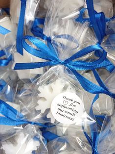 some white and blue candies wrapped in plastic