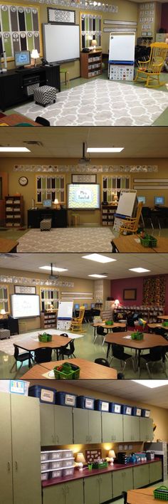 multiple shots of tables and chairs in a room with lots of screens on the wall