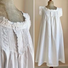 Edwardian Nightgown | Dainty Pin Tucks Broderie Anglaise Lace Frills White Cotton | Antique Lingerie Nightdress Nightwear | M Antique Lingerie, Edwardian Nightgown, Nightdress Nightwear, Nightgown Pattern, Cotton Nightgown, Vintage Nightgown, Women's Nightgowns, Capped Sleeves, Nightgowns