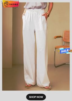 Plain Casual Pants White Ankle-length Cargo Pants For Summer, White Ankle-length Summer Cargo Pants, White Non-stretch Wide Leg Pants, Summer Full Length Bottoms With Side Pockets, White Wide-leg Pants With Pockets, White Wide-leg Summer Cargo Pants, Casual White Wide-leg Bottoms, White Full-length Pants With Side Pockets, White Wide Leg Bottoms With Side Pockets