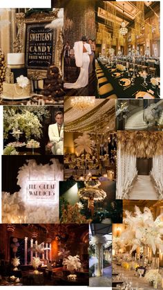 a collage of wedding pictures with white and gold decorations, feathers, chandeliers, candles