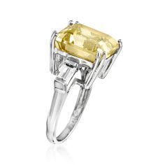 Ross-Simons - 10.00ct Lemon Topaz, .60ct t. w. White Topaz Ring in Silver. Size 9. Big, beautiful jewels for every budget! Prepare to turn heads with this glorious gemstone statement ring, featuring a 10.00 carat square-shaped lemon topaz flanked by .60 ct. t. w. white topaz baguettes. Set in polished sterling silver. 5/8" wide. White topaz and lemon topaz ring. White Topaz Rings, Dragonfly Necklace, Topaz Color, Opal Earrings Stud, Fine Jewelery, Opal Studs, Beaded Drop Earrings, Pin Pendant, Onyx Bead