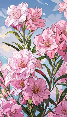 pink flowers against a blue sky with white clouds in the background, digital painting style