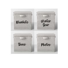 four storage bins with the words winter gear and shoes printed on them in black ink