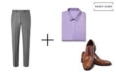 7 Shirt Colors To Wear With Grey Pants And Brown Shoes • Ready Sleek Purple Shirt Outfit, Grey Dress Pants Outfit, Grey Pants Outfit, Dress Pants Outfits