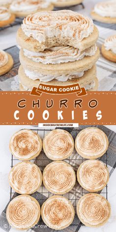 cookies are stacked on top of each other with the words sugar cookie churro cookies