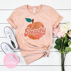 Peachy UNISEX Shirt, Retro Shirt, Peach Shirt, Summer Shirt, Cute Shirt, Hippie Shirt, Festival Shir Summer Peach Cotton Shirt, Peach Cotton Summer Shirt, Trendy Peach Top With Letter Print, Trendy Peach Tops With Letter Print, Peach Cotton Graphic Print T-shirt, Fruit Clothes, Kids Disney Shirts, Slp Shirts, Fruit Shirt