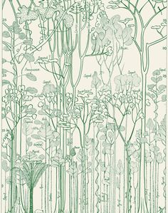 a drawing of trees and plants in green ink