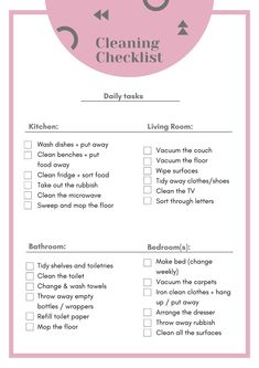 the cleaning checklist is shown in pink and white, with arrows pointing to it