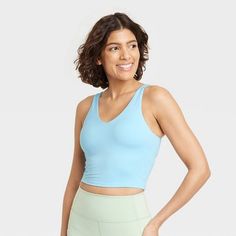 Women's Flex Light Support V-Neck Crop Sports Bra - All In Motion™ Compressive Seamless V-neck Sports Bra, Sporty Seamless V-neck Sports Bra, V-neck Yoga Activewear With Light Support, Sporty V-neck Sports Bra For Pilates, Sporty V-neck Activewear With Built-in Bra, V-neck Sports Bra With Light Support, Compressive V-neck Sports Bra, Medium Support V-neck Sports Bra For Yoga, Summer V-neck Bra Friendly Activewear