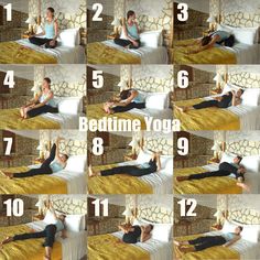 a woman is doing yoga on her bed and has the instructions to do it all