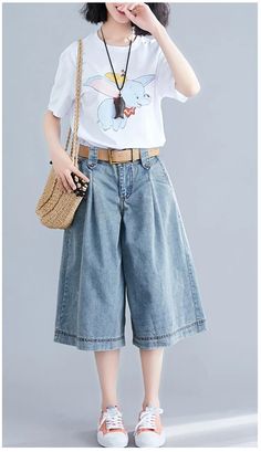 High Waist Denim Wide Leg Shorts Pants Jeans – Tomscloth Chic Athleisure, Long Jean Shorts, Denim Wide Leg, Wide Leg Shorts, Baggy Clothes, High Waist Denim, Summer Fashion Dresses, Shorts Summer, Clothes Outfits