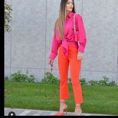 Red/ Orange Color Green Color Sold Pink Only Xxl Wellness Photoshoot, Flare Outfit, Leather Jogger Pants, Animal Print Jumpsuit, Red Flare, Sleeveless Blazer, Fav Color, Red Orange Color, Green Trousers