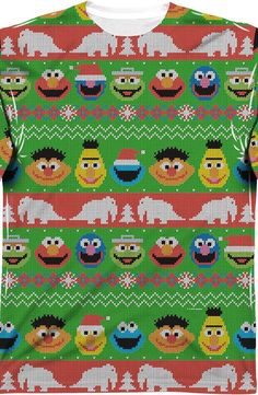 the sesame street christmas sweater is shown on a yellow background with an image of sesame street characters