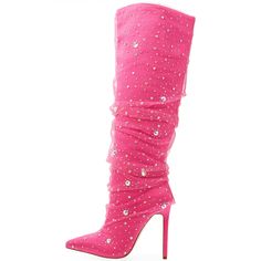 Elevate your style with Pink Stiletto Shoes. Featuring a pointy toe, ruched mesh design, and sparkling rhinestones, these knee-high boots combine elegance and glamour effortlessly. Step out in luxe fashion. Color: Pink Heel Type: Stiletto heel Heel height: 4.72" / 120 mm approx Product measurements were taken using size 8. Please note that measurements may vary by size. Toe: Pointed toe Faux crystal and rhinestone embellishment Ruched mesh overlay on the upper and shaft. Handcrafted US sizing. Fits true to size. High Heel Mesh Party Boots, High Heel Mesh Boots For Party, Embellished Pink Evening Boots, Embellished Pink Boots For Evening, Pink Pointed Toe Boots For Party Season, Pink Fitted Boots For Party Season, Fitted Pink Boots For Party Season, Dress Reference, Pink Stilettos