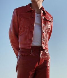 Red And Gold Outfit Men, Red Mens Outfits Aesthetic, Male Red Outfit Aesthetic, Jojo Fashion Reference, Red Leather Pants Outfit Men, Red Leather Jacket Outfit Men, Red Monochromatic Outfit Men, Valentines Outfits Men, Aesthetic Skirt Outfit