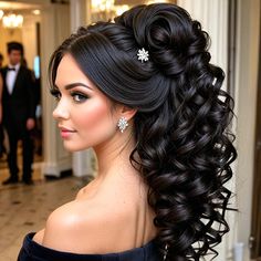 #imagezela 1girl, earrings, jewelry, black_hair, solo_focus, long_hair, bare_shoulders, lips, curly_hair, looking_at_viewer, hair_ornament, realistic, looking_back, off_shoulder, nose, formal, snowflake_hair_ornament, blurry, eyelashes, makeup #prom #promhairstyles # #promblackhairstyle #imagezela #imagezela #blackhairstyles #westenhairstyle #bridalhairstyleideas #fashion #promhairstylesprincesses #promhairs #prom #brownskingirl #newhairstyle #haircolor #partyhair #weddinghairs #bridalhairstylis Updos For Long Black Hair, Cute Hairstyles For Long Hair For A Wedding, Quince Long Hairstyles, Bridal Hair For Bride, Dramatic Wedding Hair, Bridal Hair Dark Hair, Curly Hairstyles For Bride, Hair Do For Wedding