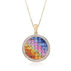 Ross-Simons - 4.00ct t. w. Multicolored Sapphire, .30ct t. w. Diamond Pendant Necklace. 18". A spectrum of color to brighten your day! Here, 4.00 ct. t. w. multicolored sapphires in hidden settings are framed in a halo of .30 ct. t. w. round brilliant-cut diamonds. This perfect necklace will suit your every mood, any day. Set in polished 14kt yellow gold on a box chain. Springring clasp, diamond and multicolored sapphire pendant. Sapphire Diamond Pendant, Fine Jewelery, Sapphire Pendant, Diamond Pendant Necklace, Sapphire Diamond, Box Chain, Round Brilliant Cut Diamond, Brighten Your Day, Diamond Pendant