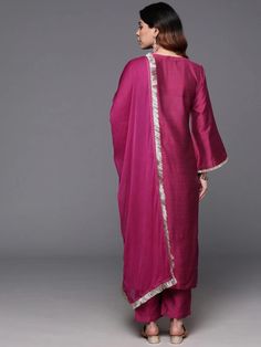 Grab this beautiful 3-piece set. The set comes with embroidered straight shape kurta has v neck, full flared sleeves & calf length teamed with solid trouser pant with elasticated waistband and a dupatta. Color - Pink Kurta Fabric-Silk Blend Pant Fabric-Silk Blend Dupatta Fabric - Silk Blend Neck-V Neck Sleeves-Full Sleeves Work - Zari Embroidery Detailing Washing Instructions-Dry Clean DISCLAIMER - The color of the product may be differ due to screen settings of device. A misprint here and a col Pink Kurta, Zari Embroidery, Formal Jewelry, Embroidery Detailing, Fabric Silk, Churidar, Suit Set, Full Sleeves, Pink Silk