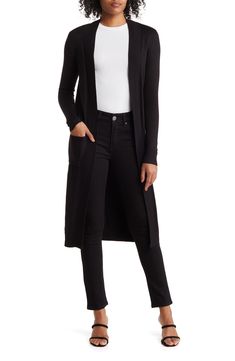 Easily add casual comfort to any look with this longline open-front cardigan cut with must-have pockets from a stretch-enhanced knit blend. 42" length (size S) Shawl collar Long sleeves 70% viscose, 30% nylon Machine wash Imported Model stats: 5'10" height, 32" bust, 25" waist, 36" hip. Model is wearing size S. Pocket Outfit, Knee Length Cardigan, Wing Collar, Outfit Chic, Open Cardigan, Open Front Cardigan, Long Cardigan, Black Cardigan, Long A Line