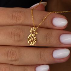 All our jewelry is hypoallergenic and tarnish-resistant, so you can enjoy it for years to come. We don't sell gold plated or gold filled jewelry. Both the chain and the pendant are made of 14 carat solid gold, the product is stamped "14K" or "585", hallmarks of gold purity.  🔸 Quality and Value: We use 14 karat gold in our jewelry, so that each piece is precious and durable for a lifetime. 🔸 Original Designs: Each piece of jewelry has unique designs, carefully shaped by our craftsmen. It is sp Hawaiian Fruit, Pineapple Necklace, Lucky Gifts, Fruit Jewelry, Gold Pineapple, Rose Gold Chain, Sell Gold, Gold Filled Jewelry, Gift For Women