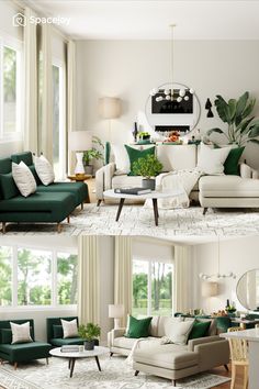 two pictures of living room furniture with green and white colors in the same photo, one is