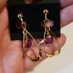 Gold Tone With Purple Stone Fashio Clip On Earrings Brand New Purple Teardrop Metal Earrings, Elegant Purple Dangle Clip-on Earrings, Purple Pierced Earrings For Party, Purple Clip-on Earrings, Party Purple Pierced Earrings, Purple Clip-on Earrings For Party, Purple Stones, Jewelry Trends, Purple Gold