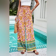 Brand New From My Boutique @Loyoboutique. I Post On Here For Extra Exposure To All Of You Beautiful People Who Otherwise Wouldn’t Know We Exist! We Ship Same Day Multicolor Vacation Pants With Elastic Waistband, High Waist Multicolor Pants For Vacation, Multicolor Floral Print Summer Pants, Multicolor Vacation Pants With Pockets, Multicolor Wide-leg Summer Pants, Summer Multicolor Wide-leg Pants, Multicolor Summer Wide-leg Pants, Multicolor Wide Leg Pants With Elastic Waistband For Vacation, Orange Pants With Elastic Waistband For Day Out