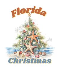 a christmas tree with starfish and seashells on the bottom, in front of the words florida