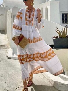 Women Elegant Dresses, Stylish Retro Greek Goddess Pattern Print Dress White Long Sleeve Midi Dress For Summer, White Long Sleeve Shift Midi Dress, Orange Long Sleeve Maxi Dress For Summer, White V-neck Maxi Dress For Fall, White A-line Maxi Dress For Fall, Casual White Maxi Dress For Fall, White Long Midi Dress For Vacation, Long White Midi Dress For Vacation, Orange Long Sleeve Shift Dress