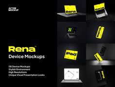 an advertisement for the rena device mockup is shown in black and yellow colors