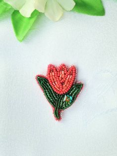 Tulip Brooch Red Flower Jewelry Seed Bead Victorian Jewelry Handmade Brooch For Girl Brooch Gift for Woman Red Flower Brooches For Gift, Traditional Red Brooch For Gift, Traditional Red Brooches For Gifts, Green Flower Brooch Pins, Green Flower Shaped Brooch Pins, Handmade Flower-shaped Pins For Gifts, Green Flower-shaped Brooch Pins, Handmade Red Brooches As Gift, Red Flower-shaped Brooch With Handmade Flowers