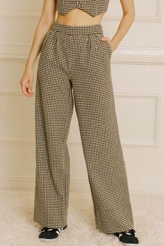 Andrea Houndstooth High-Rise Pant Front Chic Houndstooth High-waisted Pants, Casual Houndstooth Ankle-length Pants, Wide Leg Houndstooth Pants For Business Casual, Business Casual Wide Leg Houndstooth Bottoms, Houndstooth Straight Pants For Fall, Straight Pants With Houndstooth Pattern For Fall, Fall Houndstooth Straight Pants, Fall Houndstooth Pattern Straight Bottoms, Chic Wide Leg Bottoms With Houndstooth Pattern