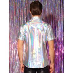 Introducing metallic color short-sleeve holographic button-down shirts! The unique design of these metallic shirts provides a stylish and eye-catching look, making you stand out in any crowd. These short-sleeved metallic shirts can be worn alone for a sleek and modern statement, or paired with leather shorts and shoes for an effortlessly chic ensemble. These holographic shirts are perfect for streetwear, parties, clubs, discos, stage performances, and more. Elevate your style with these versatil Holographic Shirt, Sleeve Packaging, Fabric Tape, Leather Shorts, Color Shorts, Metallic Colors, Mens Big And Tall, Men Short Sleeve, Sleeve Styles