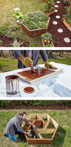 two pictures showing how to build a raised garden bed