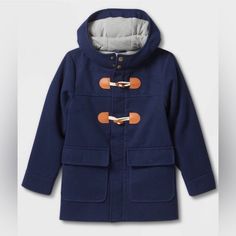 Cat & Jack Kid's Jacket. Long-Sleeved Two Flap Front Pockets Hooded With Two Top Buttons Front Zipper And Two Toggle Closure Faux Leather Tabs Jersey Lined Imported Color: Navy Unisex For Boys And Girls Navy Cotton Outerwear For Winter, Winter Peacoat With Pockets For Cold Weather, Blue Hooded Jacket For Cold Weather, Blue Hooded Jacket For Cold Weather In Fall, Blue Hooded Jacket For Cold Fall Weather, Blue Hooded Jacket For Fall Cold Weather, Blue Hooded Jacket For Fall, Long Sleeve Outerwear With Buttons For School, Winter School Cotton Outerwear