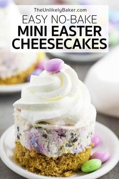 an easy no - bake easter cheesecake on a plate